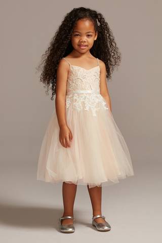 View David's Bridal Floral Applique Spaghetti Strap Flower Girl Dress in all available color and sizes Picture of Floral Applique Spaghetti Strap Flower Girl Dress